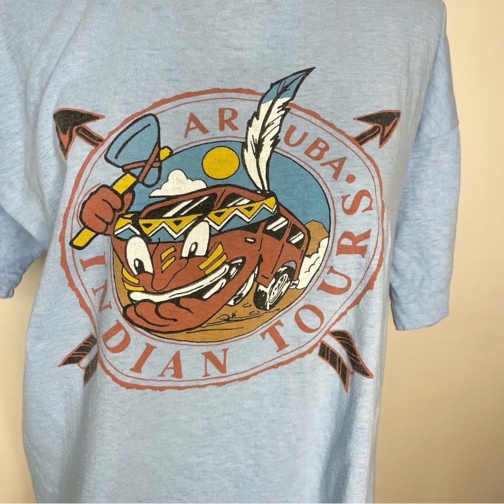 Vintage Aruba T Shirt Graphic Short Sleeve Indian Tours Cotton Blue Size XL 46
